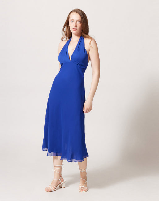 Vestido midi cuello halter Color Azul Marino | Vestidos Mujer NafNaf España
